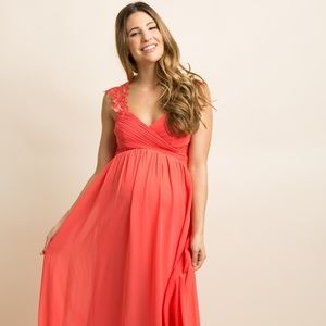 Lulus coral embroidered pleated maternity dress